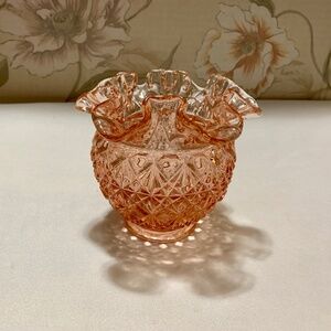 Fenton Soft Pink Block & Diamond Rose Bowl Vase With Scalloped Ruffled Edge